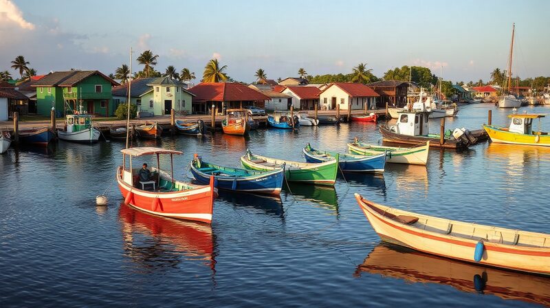 Des bateaux de pêche colorés amarrés à un quai, dans un port antillais