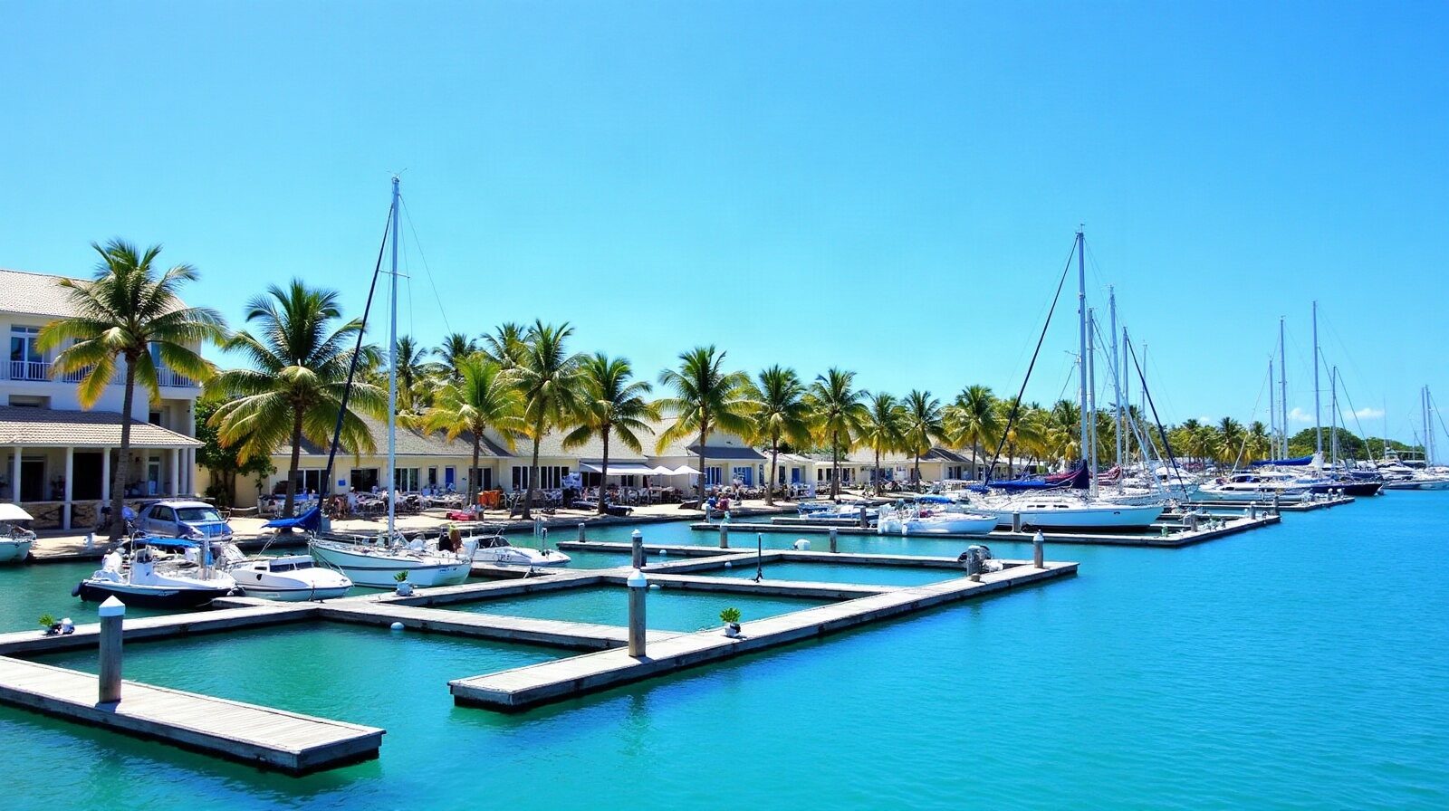 Des pontons de marina avec voiliers et palmiers
