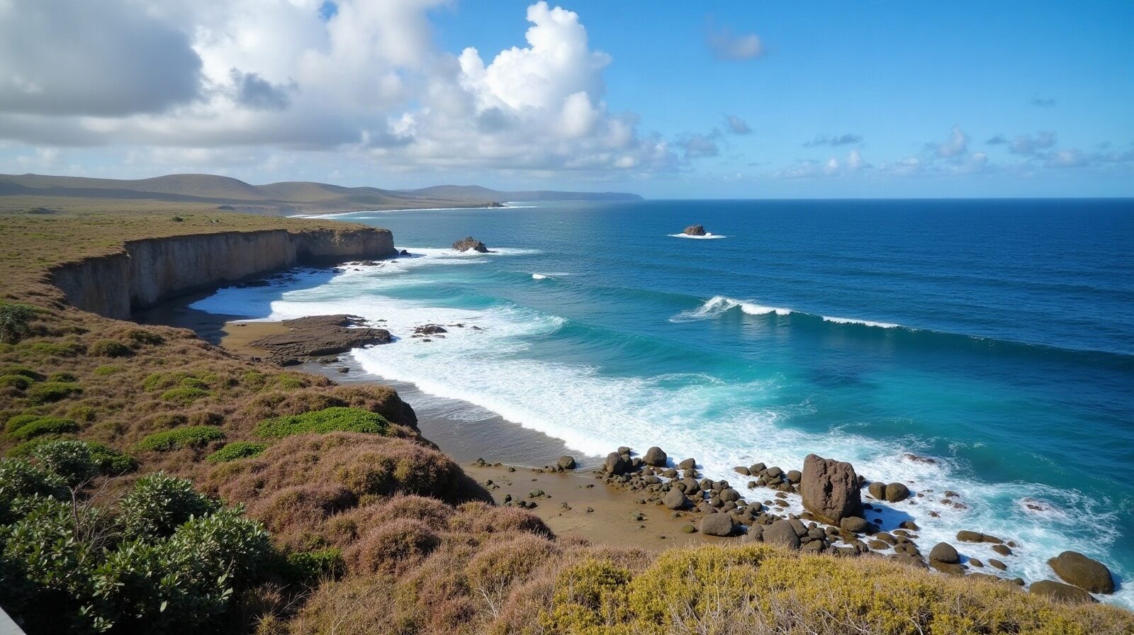 Une côte de falaises sèches battues par l'océan